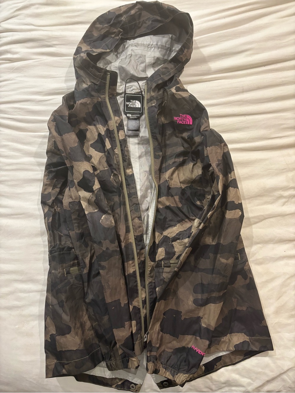 The North Face Womebs' Camo Hooded Raincoat with Pink Logo